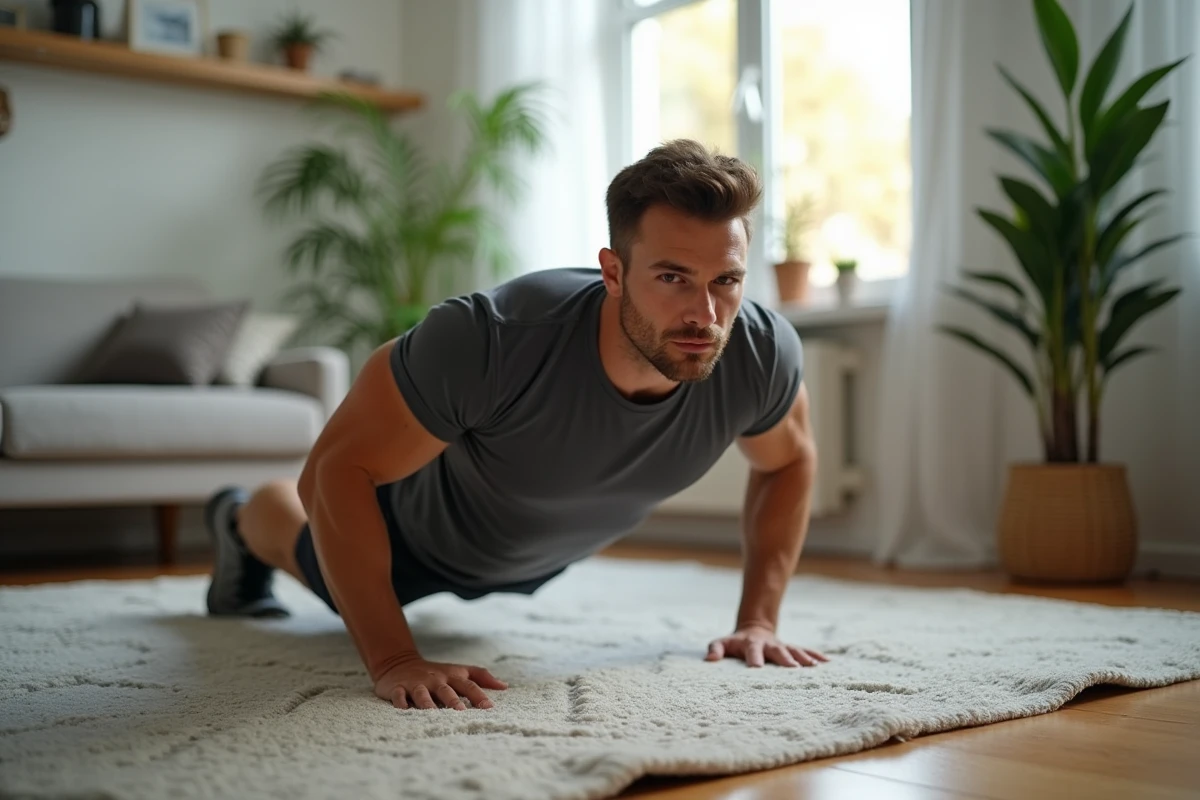 Homme musclé faisant des pompes dans un salon lumineux