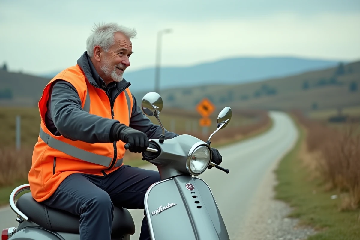 Homme âgé avec scooter dans la campagne française
