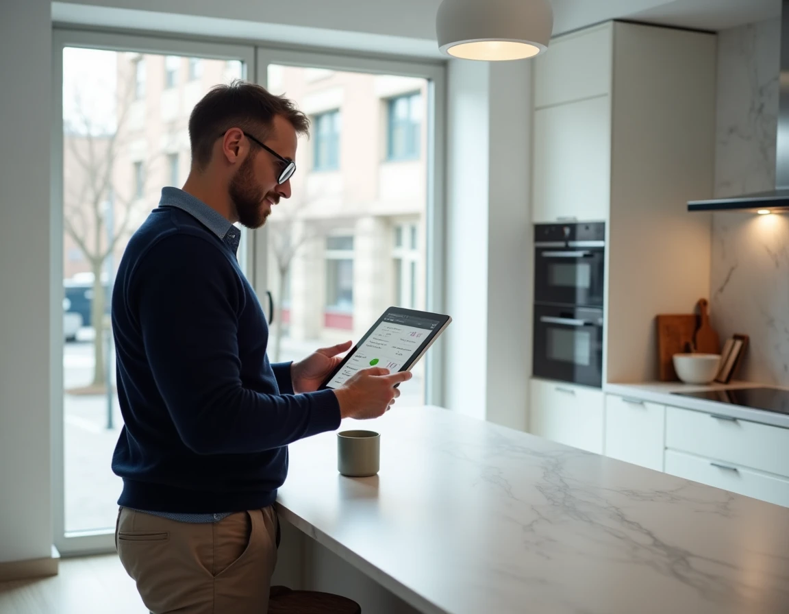 Homme parcourant le plan du site Immo Guide sur une tablette dans une cuisine moderne