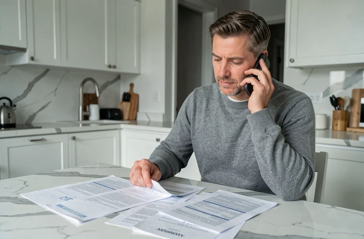 Homme consultant ses documents fiscaux tout en téléphonant au service des impôts