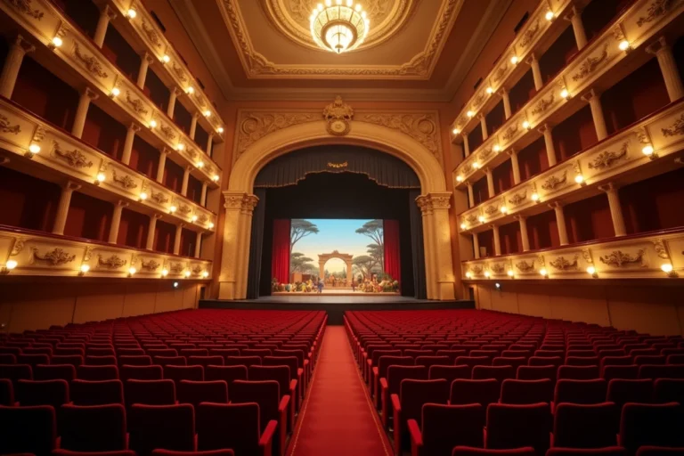 Vue intérieure du Théâtre Mogador avec rangées de sièges en velours rouge et scène dorée pour Le Roi Lion