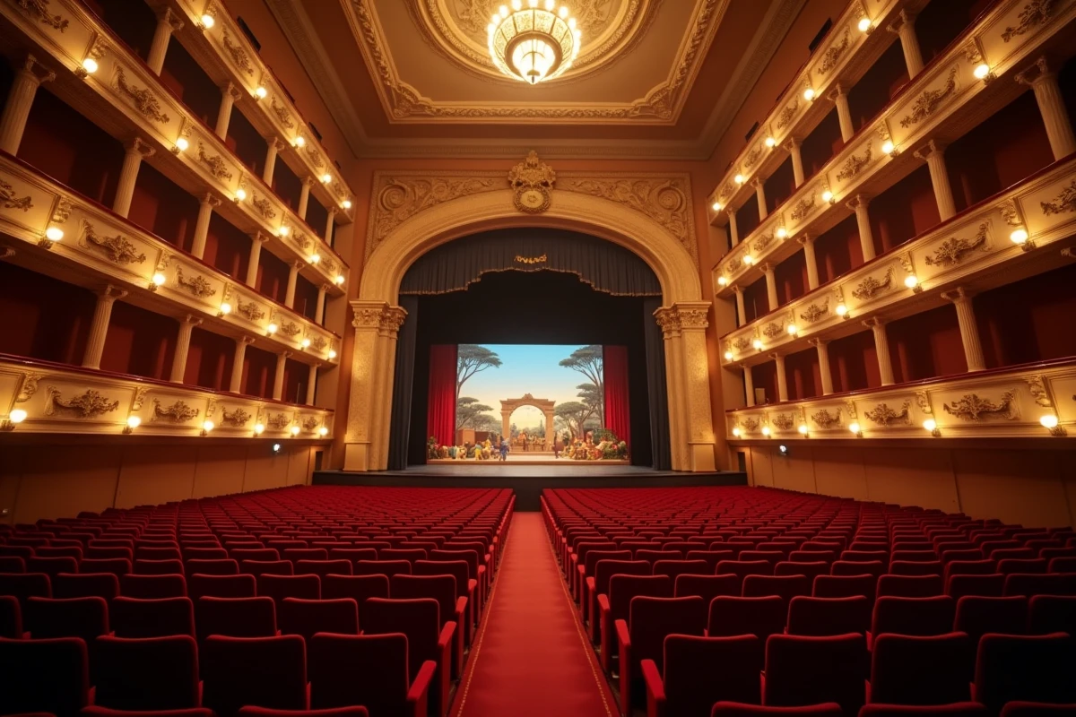 Vue intérieure du Théâtre Mogador avec rangées de sièges en velours rouge et scène dorée pour Le Roi Lion