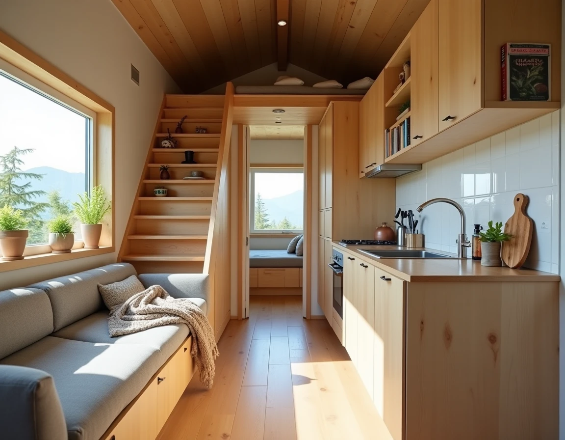 Intérieur minimaliste aménagé d'une tiny house My Little Group avec cuisine et mezzanine