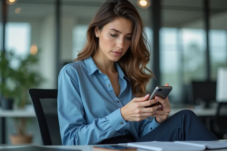 Jeune femme en bureau regardant son smartphone