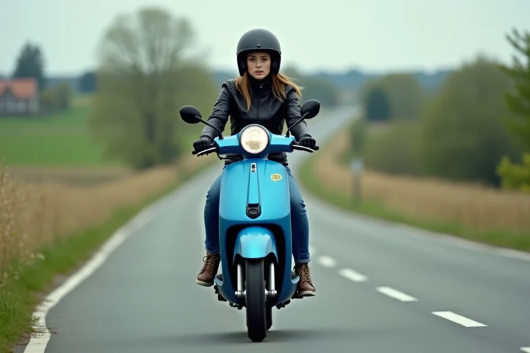 Jeune femme en scooter bleu sur route française
