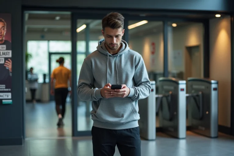 Jeune homme regardant son smartphone devant l'entrée de la salle de sport