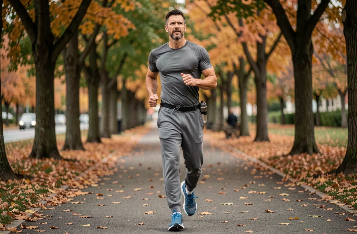 Homme faisant du jogging dans un parc urbain en automne dans le cadre d'un programme minceur durable