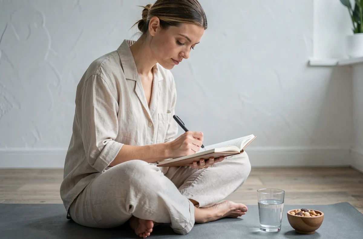 Femme notant ses objectifs minceur dans un journal bien-être sur un tapis de yoga chez elle