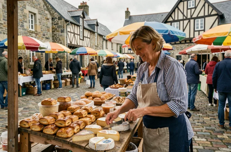 Marché breton animé avec une vendeuse proposant des spécialités locales sur une place pavée en Bretagne