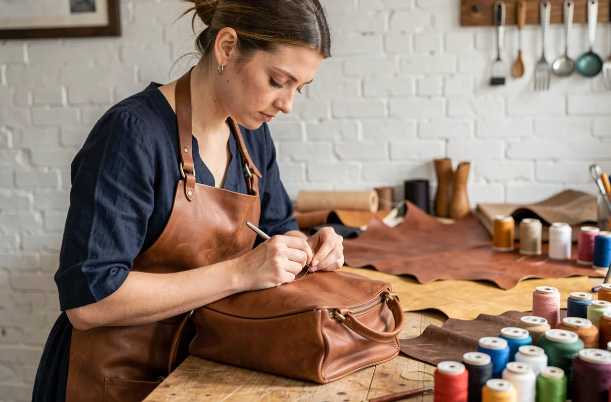Jeune maroquinière parisienne cousant à la main un sac en cuir dans un atelier élégant, portrait inspirant de l'artisanat du cuir à la française