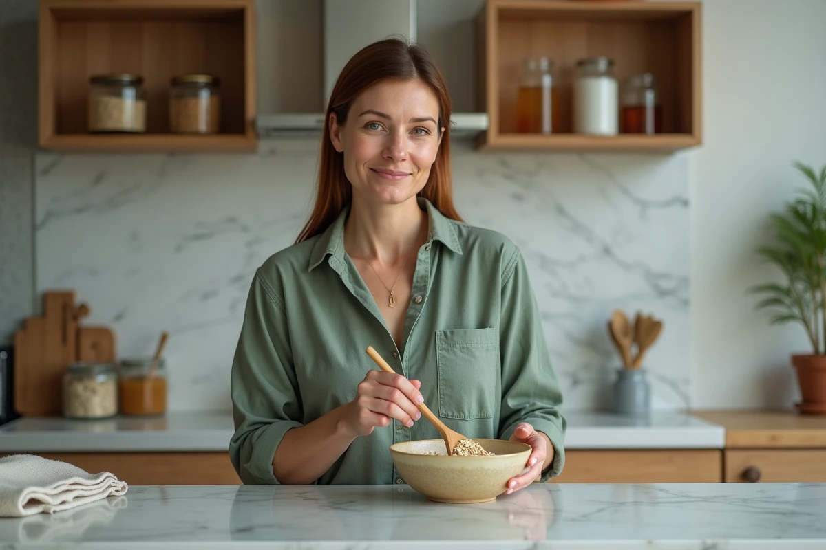 Femme préparant un masque beauté maison avec des ingrédients naturels dans une cuisine moderne au décor naturel