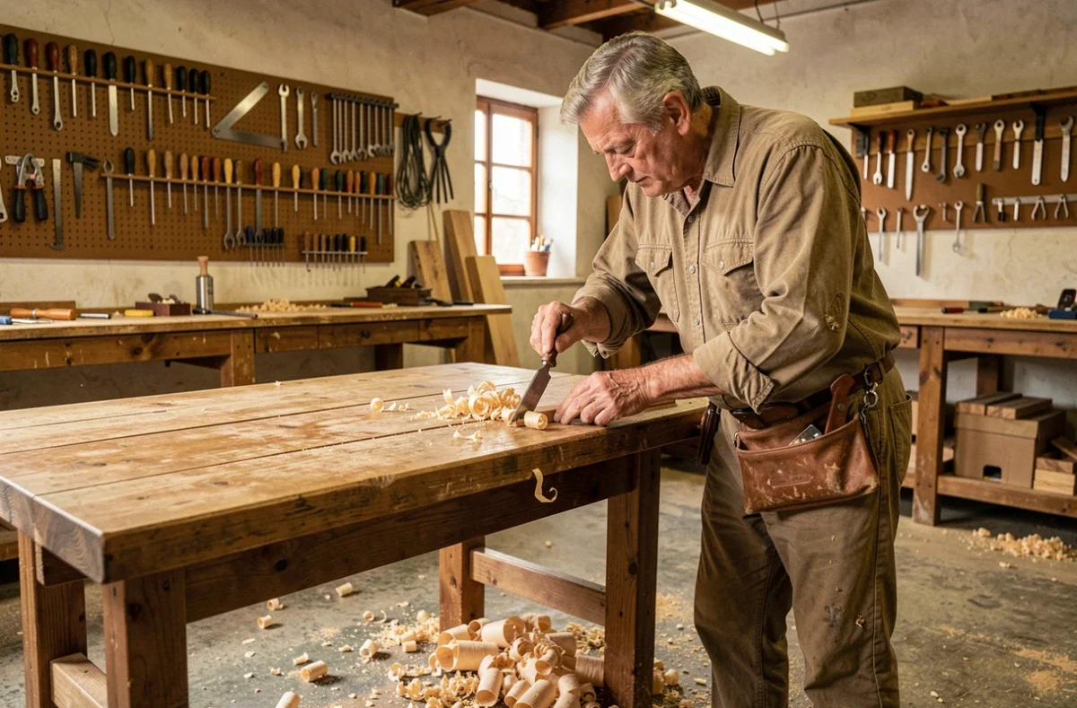 Menuisier français expérimenté travaillant le bois dans son atelier traditionnel, large plan montrant l'environnement authentique de l'artisanat du bois en France