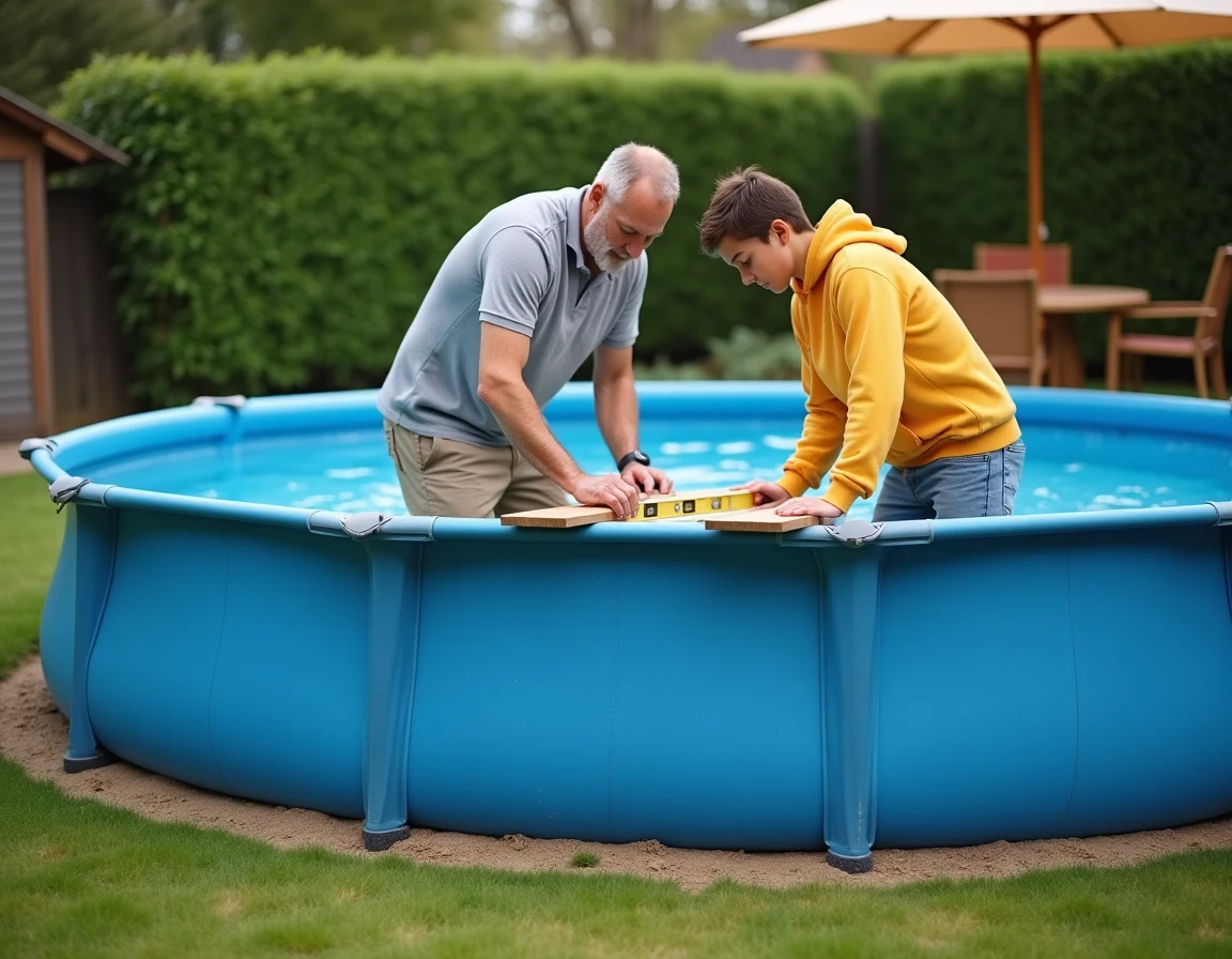 Deux personnes utilisant une planche et un niveau pour redresser une piscine tubulaire pleine dans un jardin