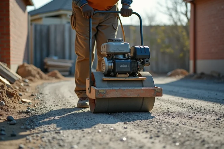 Ouvrier en tenue de travail utilisant une plaque vibrante sur une allée de gravier