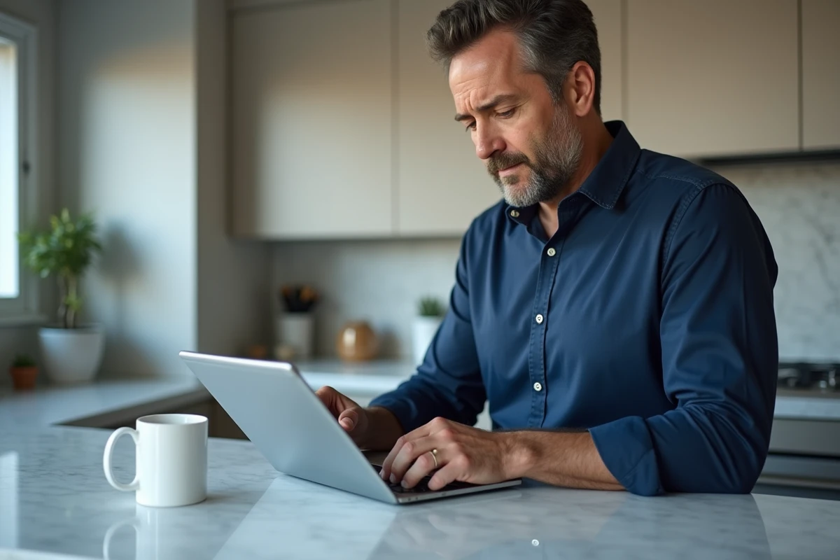 Homme consultant les paramètres de synchronisation Google Drive sur une tablette dans une cuisine moderne