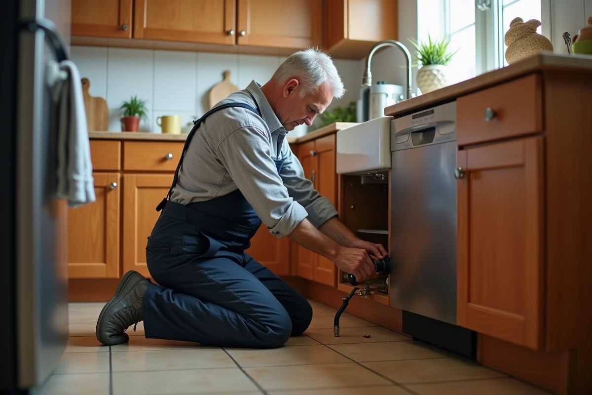 Plombier professionnel réparant un siphon sous un évier de cuisine