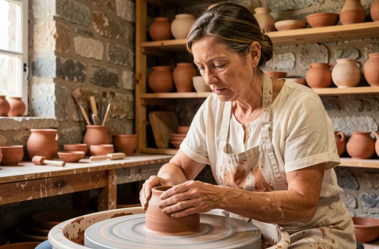 Potière française dans son atelier en pierre façonnant un vase en argile sur un tour de potier, portrait authentique de l'artisanat traditionnel français