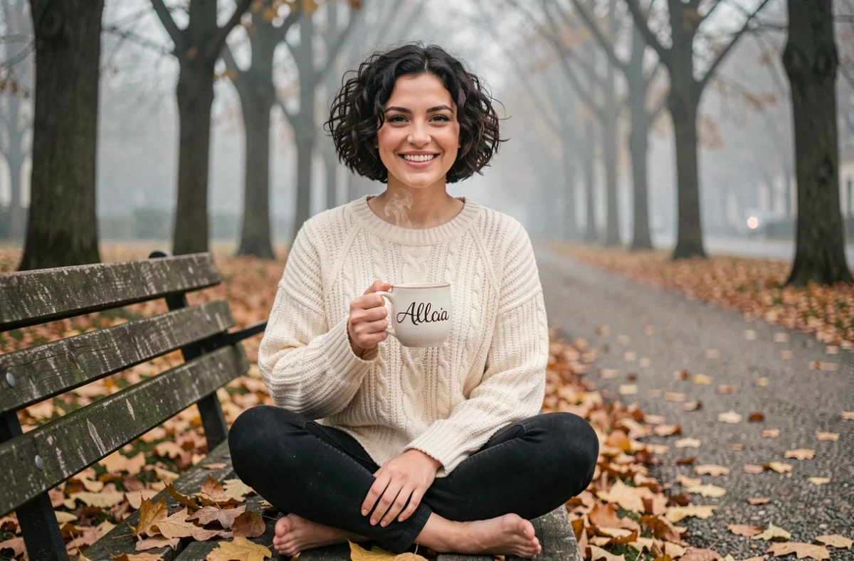 Jeune femme souriante avec un mug personnalisé au prénom Alicia assise sur un banc de parc entouré de feuilles d'automne dorées