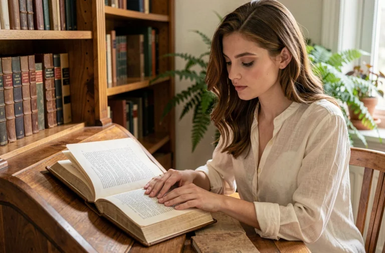 Jeune femme prénommée Alicia feuilletant un livre d'étymologie des prénoms dans une bibliothèque vintage en bois chaud