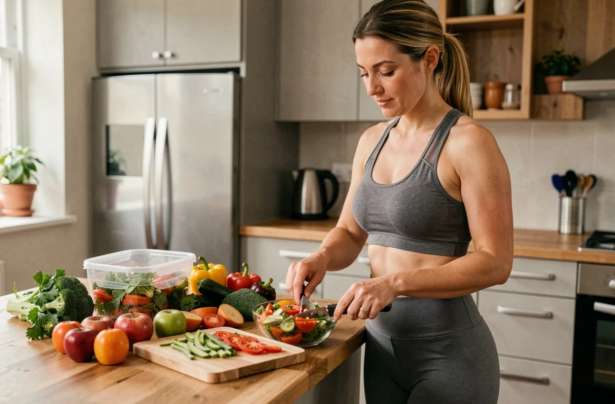 Femme préparant un repas sain et équilibré dans une cuisine moderne pour atteindre ses objectifs minceur