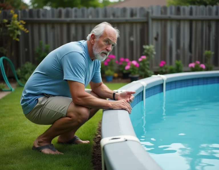 Homme redressant une piscine tubulaire gonflée inclinée dans un jardin résidentiel