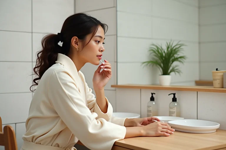 Femme appliquant sa routine beauté matinale devant un miroir en bois dans une salle de bain parisienne minimaliste