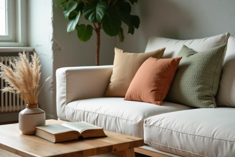 Salon scandinave tendance avec canapé en lin crème, coussins terracotta et plante tropicale dans un appartement urbain