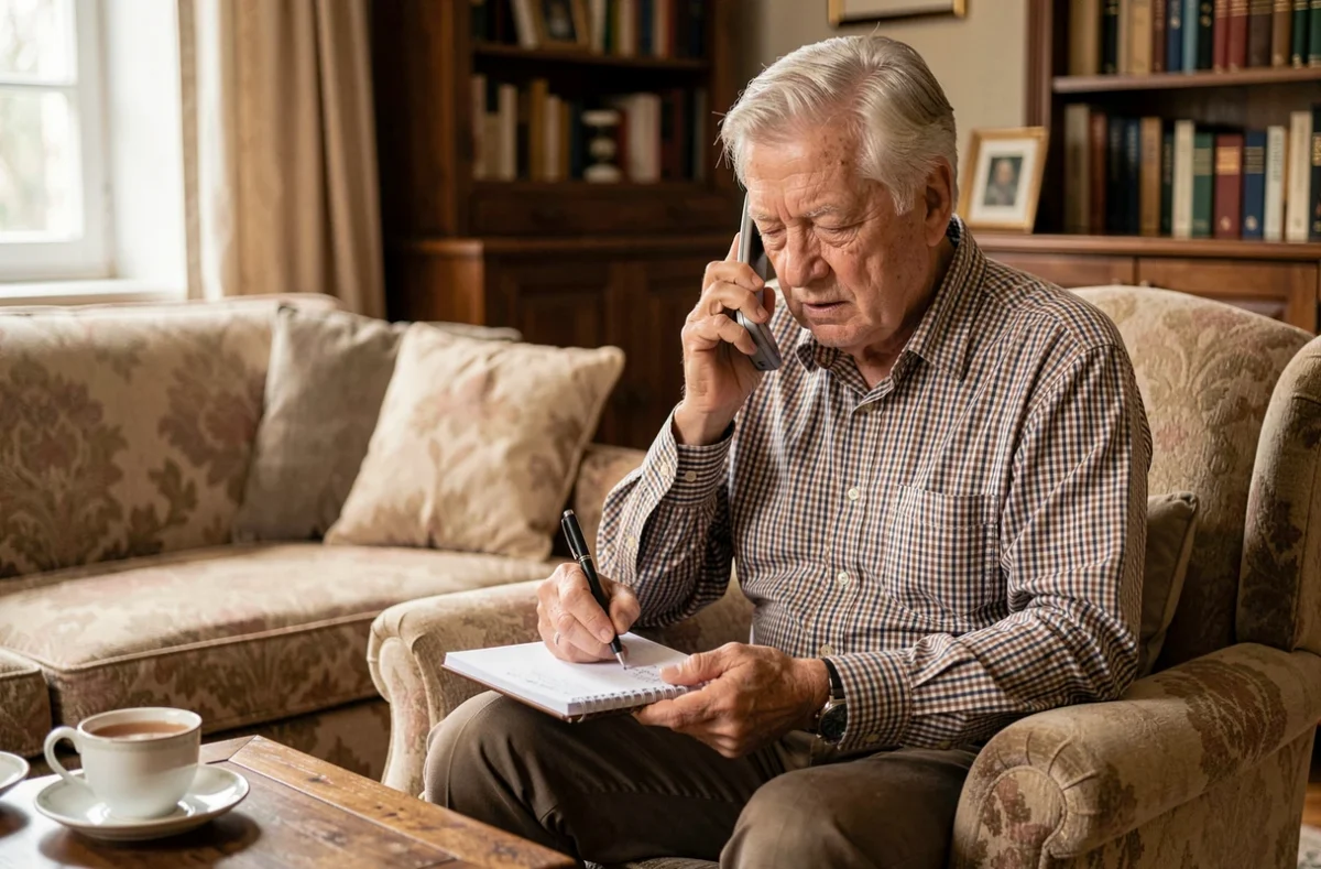 Senior prenant des notes lors d'un appel téléphonique au centre des impôts depuis son salon
