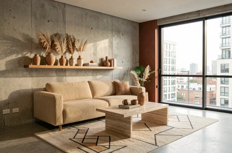Salon moderne aux tendances déco scandinaves avec canapé en bouclé, table en travertin et étagère en chêne avec vases céramiques