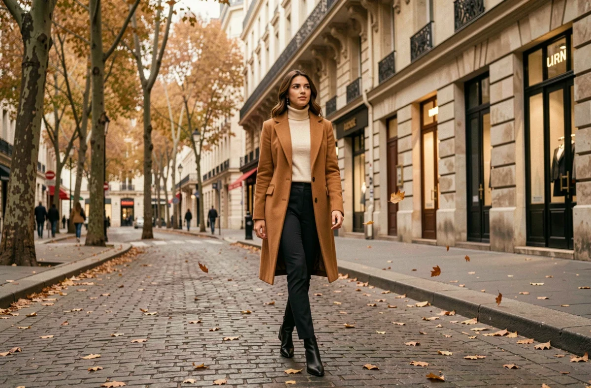 Femme élégante en manteau camel marchant dans une rue parisienne pavée en automne, tendances mode saison