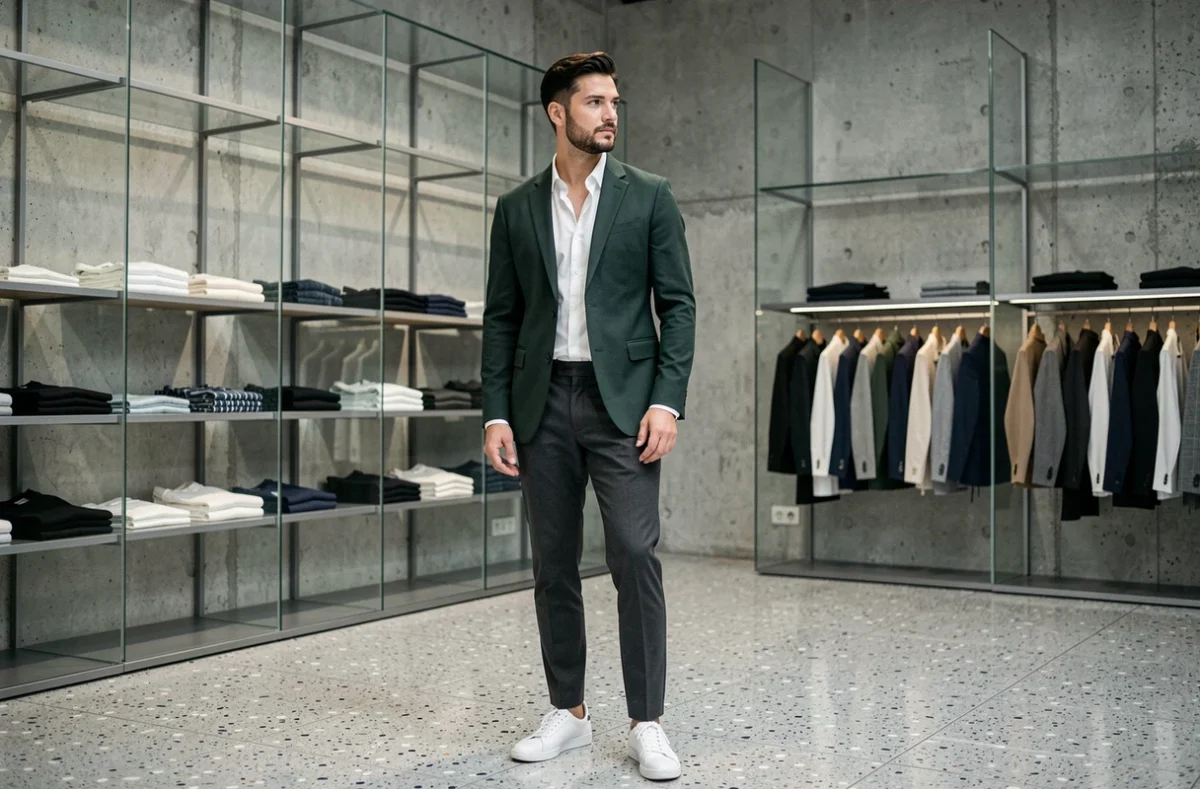 Homme stylé en blazer vert dans un concept store moderne, look mode masculin tendance saison