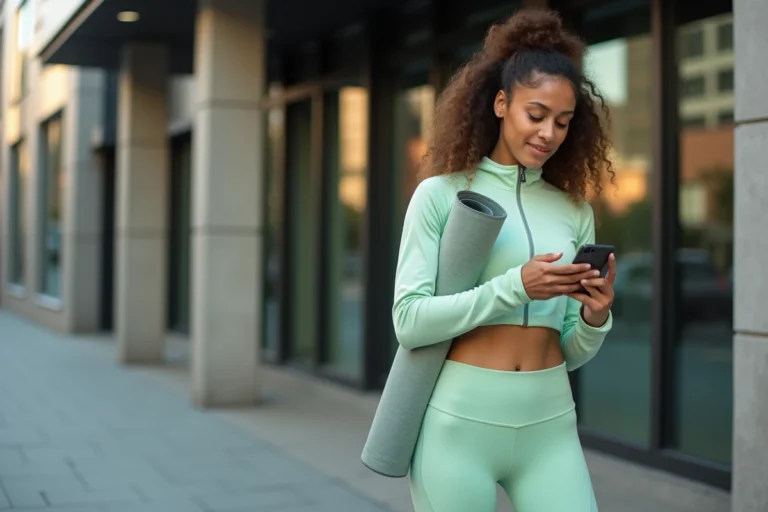 Femme sportive en tenue de sport tendance devant une salle de sport urbaine moderne