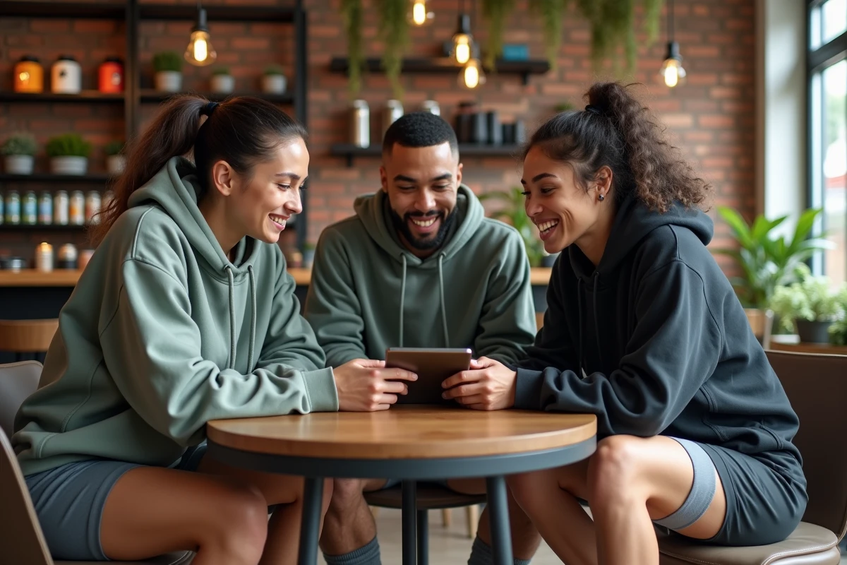 Groupe de jeunes adultes en vêtements de sport tendance dans un café sportif contemporain consultant une application fitness