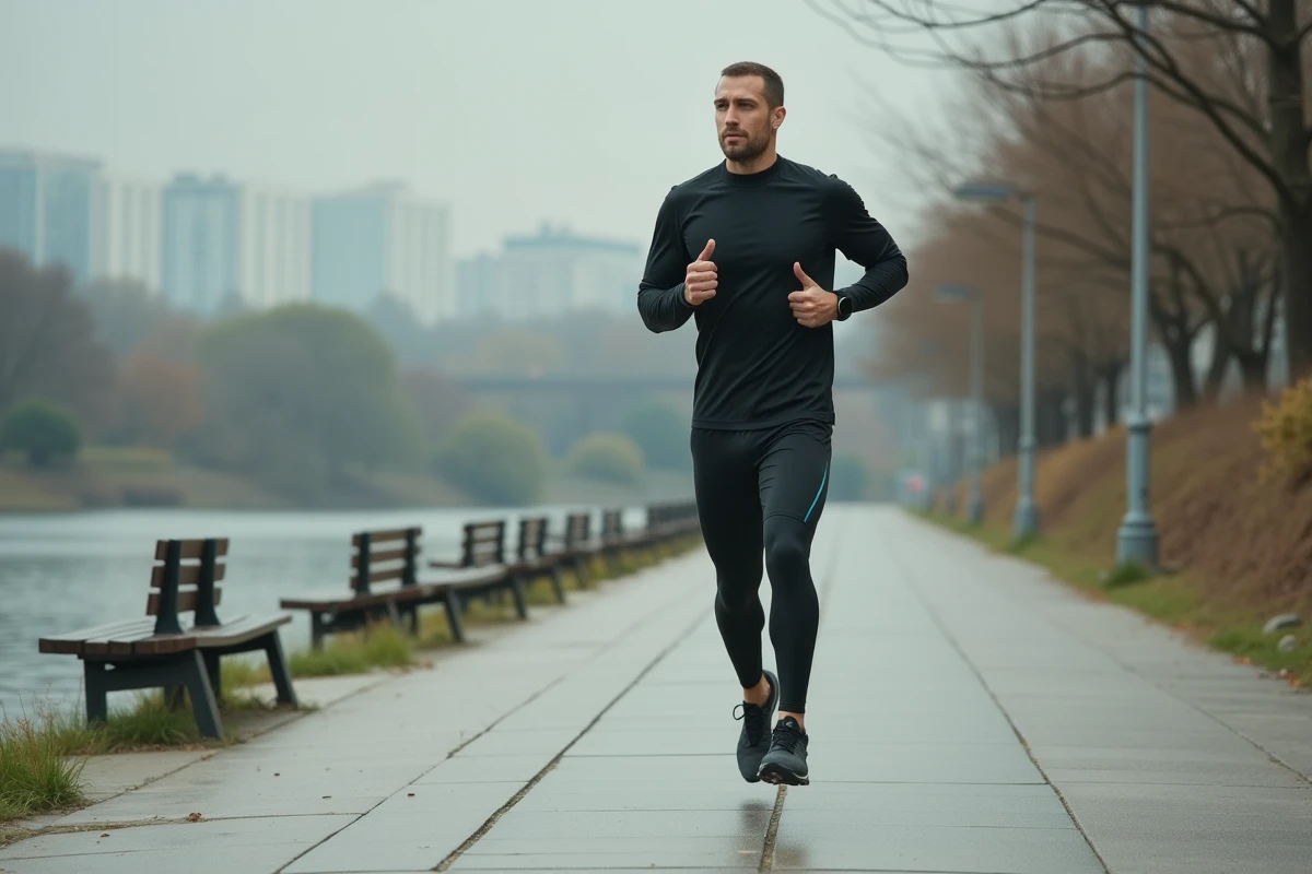 Homme en pleine course sur un chemin urbain en tenue de running moderne et montre connectée