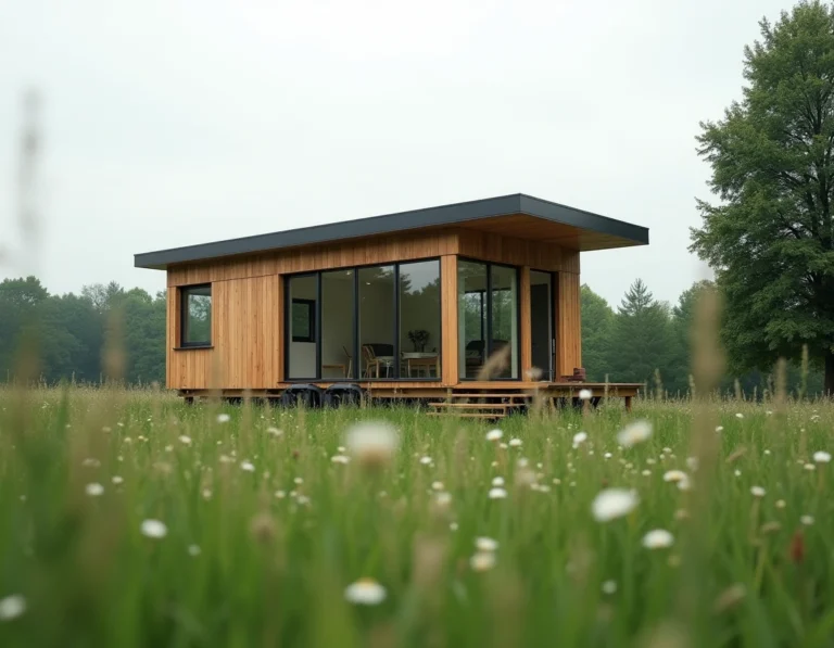 Tiny house moderne en bois dans un pré verdoyant illustrant l'offre My Little Group