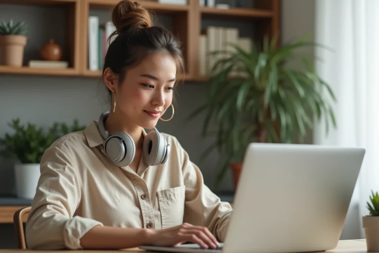 Femme utilisant un ordinateur portable avec un casque audio pour traduire du contenu audio en ligne