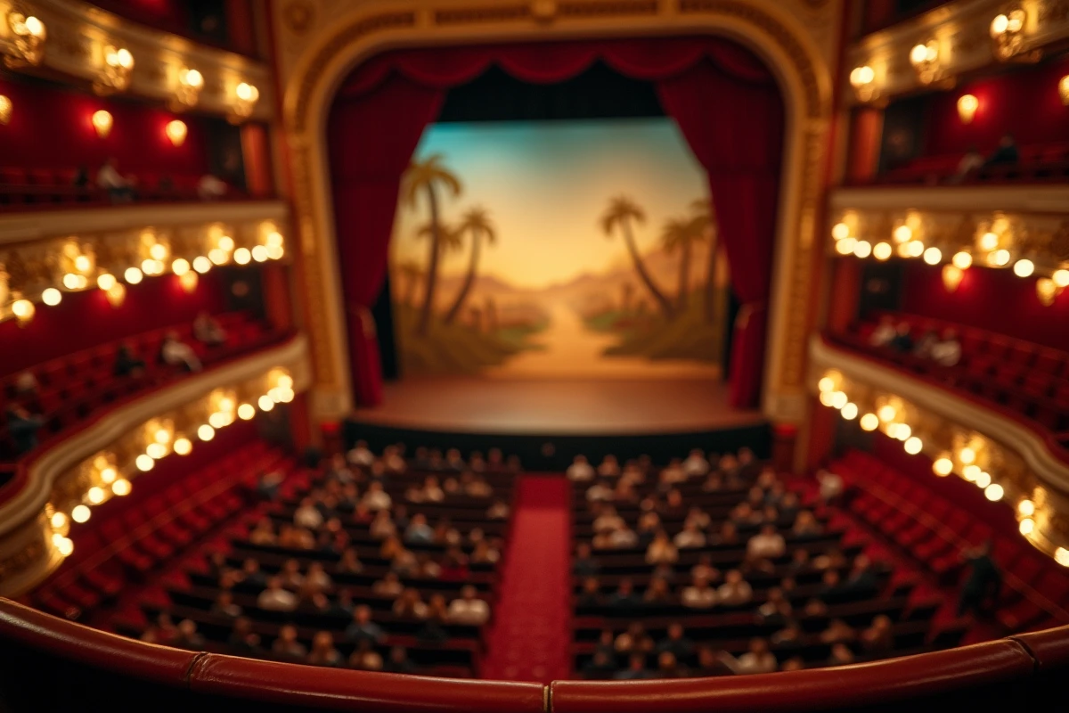 Vue depuis le balcon supérieur du Théâtre Mogador sur la scène et les rangées de fauteuils