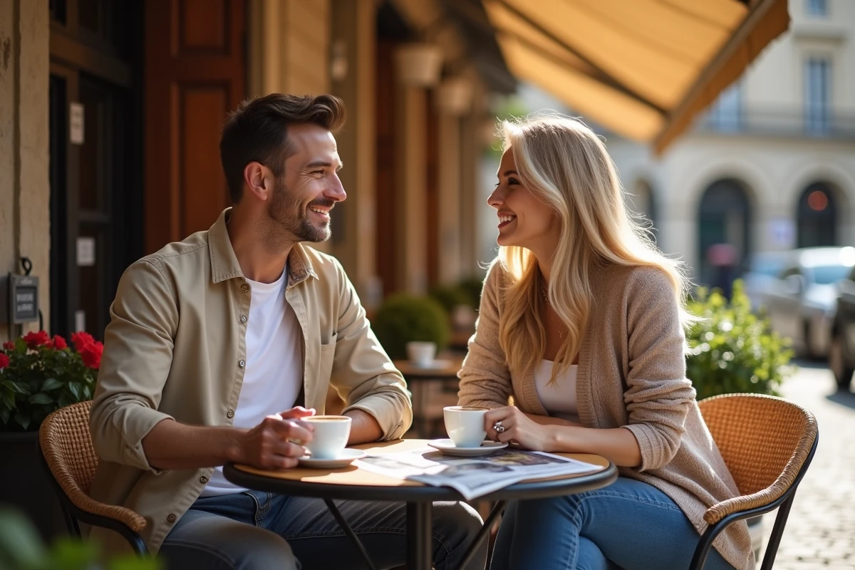 Yann Dernaucourt et Lorie en amoureux à la terrasse d'un café parisien, couple souriant et complice